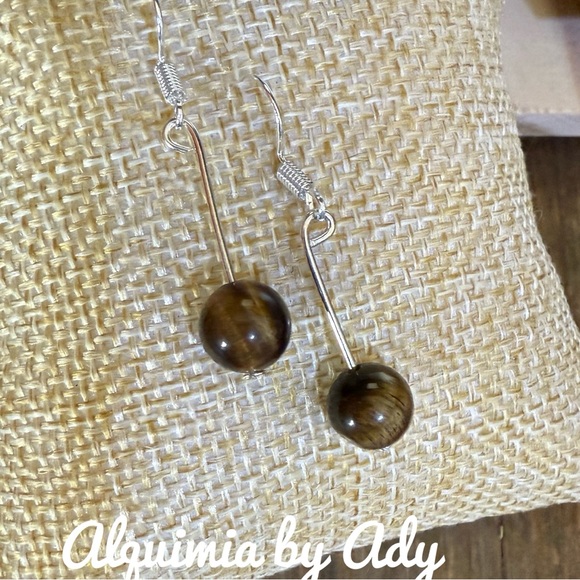 Alquimia Jewelry - Long silver sleek tigers eye earrings